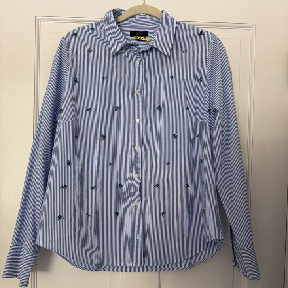 J. Crew Blue and White striped button Down with jewel embellishments